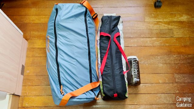 From left to right: Eureka Copper Canyon LX 6 (blue), Coleman Sundome 2 (black), 32-oz Nalgene bottle.