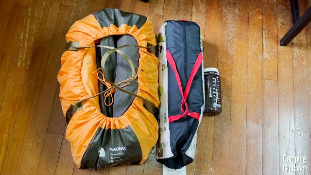 From left to right: The North Face Wawona 6, Coleman Sundome 2, 32-oz Nalgene bottle.