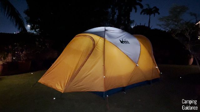 The REI Base Camp 6 in the author's yard at night.