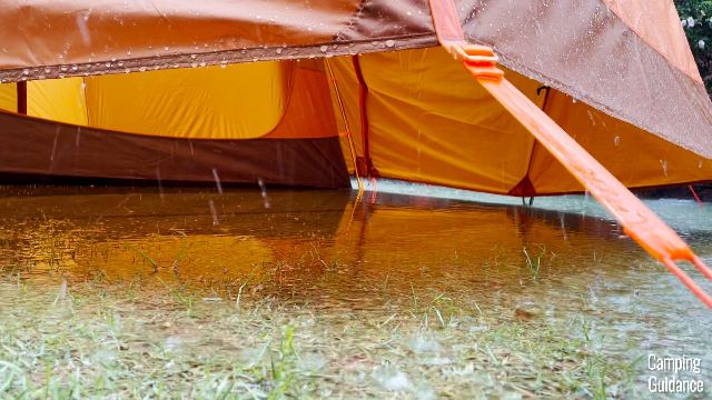 The vestibule of The North Face Wawona 6 in heavy rain.