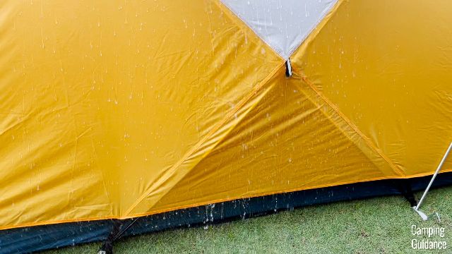 Water running down the sides of the REI Base Camp 6.