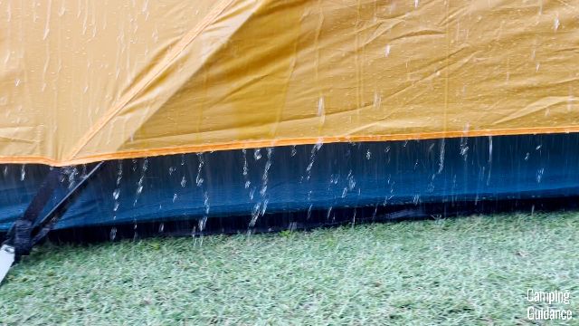 Water running over the rainfly of the REI Base Camp 6