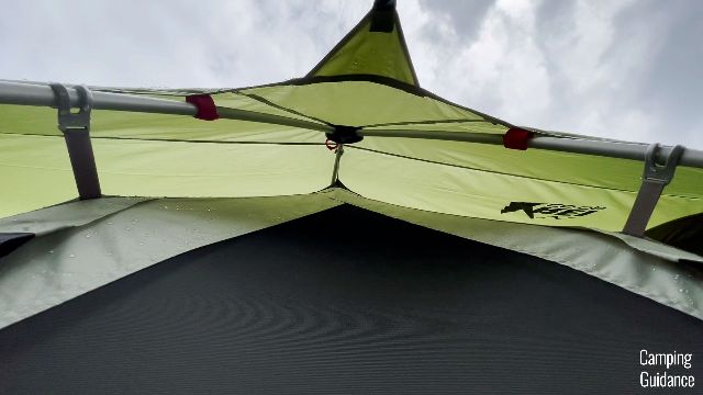 A close-up shot of the gap between the rainfly and the tent body.
