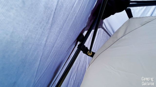 A close-up shot of one of the rings of the rainfly pole.