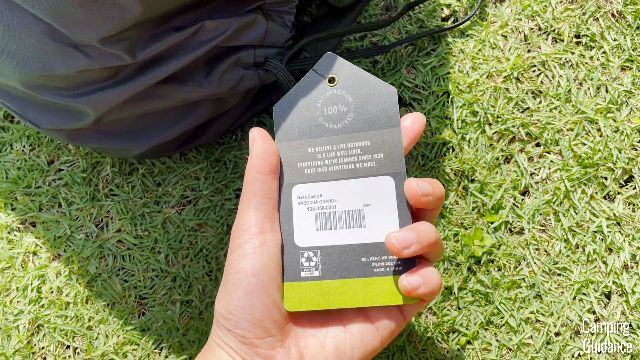 The product tag of the REI Base Camp 6.
