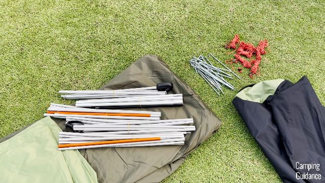 What the poles, stakes and guylines of the REI Wonderland 6 look like.