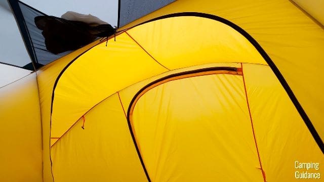 A bottom-up view of the front vestibule of the REI Base Camp 6.