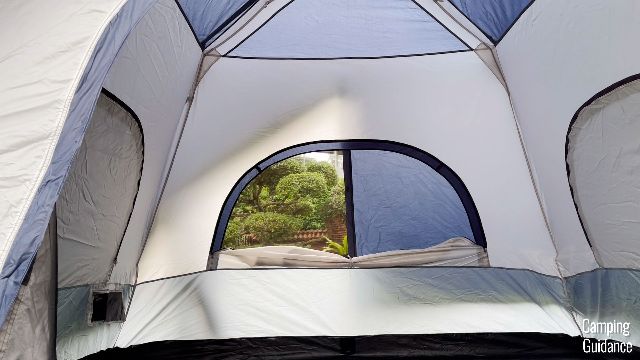 This is what the back window of the Caddis Rapid 6 looks like with only one side of the rainfly clipped up.