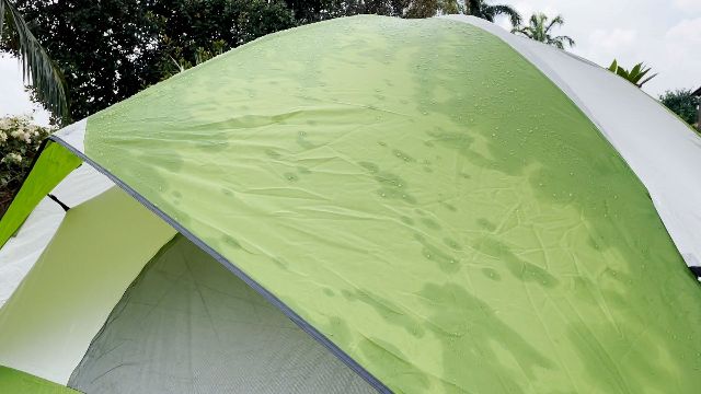 Water absorbed into the rainfly of the Coleman Sundome 6.