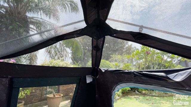 What the ceiling mesh of the Ozark Trail Dark Rest Instant Cabin 6 looks like without the rainfly