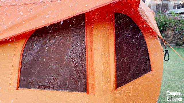 2 of the windows of the Gazelle T4 Hub Tent in the heavy rain