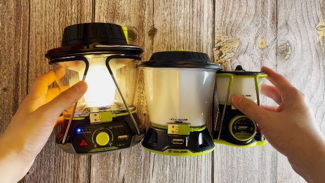 The Goal Zero Lighthouse 600 lantern beside the Lighthouse Core and Lighthouse Mini Core.