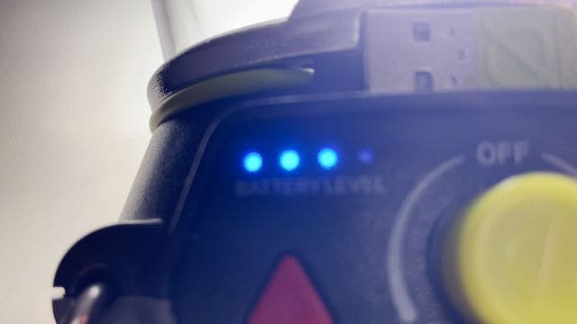 The battery indicator lights of the Goal Zero Lighthouse 600 lantern
