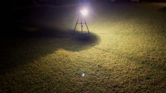 The Goal Zero Lighthouse 600 lantern on its brightest setting, but on half the lantern