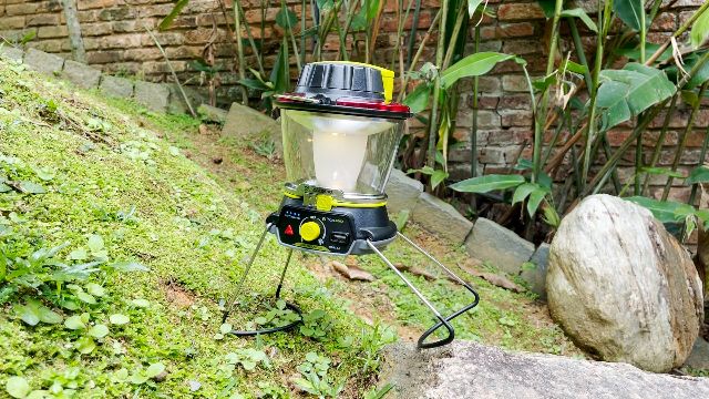 The Goal Zero Lighthouse 600 lantern balancing on a slope