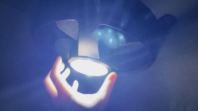 What the light of the Coleman CPX 6 Lighted Tent Fan looks like up close.