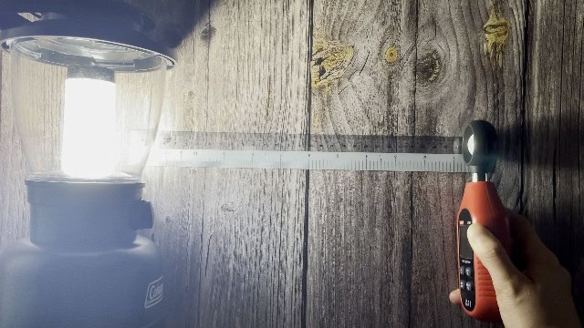 The author measuring the lumen output of the Coleman Rugged Rechargeable 400 Lantern.