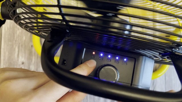 The battery indicator lights of the Geek Aire Portable Camping Fan.