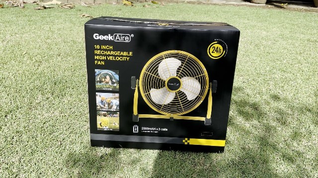 The original packaging of the Geek Aire Portable Camping Fan.