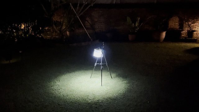 The MPOWERD Luci Pro Outdoor lantern on its brightest setting.