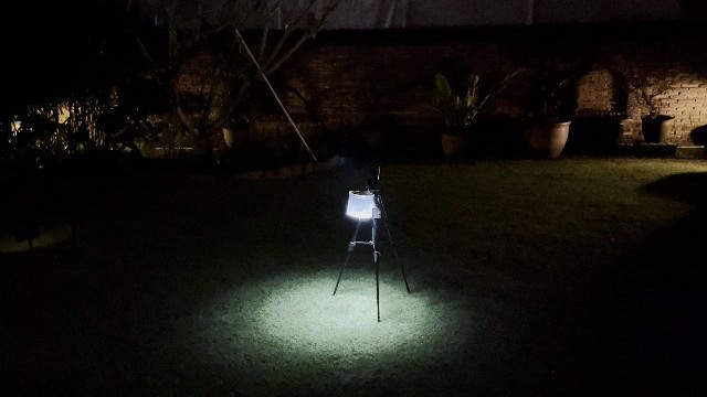The MPOWERD Luci Pro Outdoor lantern on its dimmest setting.