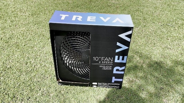 The original packaging of the O2Cool Treva Fan.