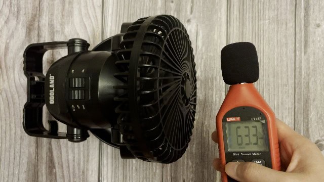 The author measuring the noise level of the fan function of the Odoland Camping Fan.