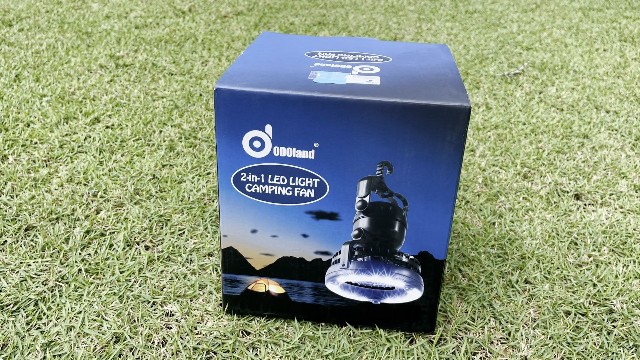 The original packaging of the Odoland Camping Fan.