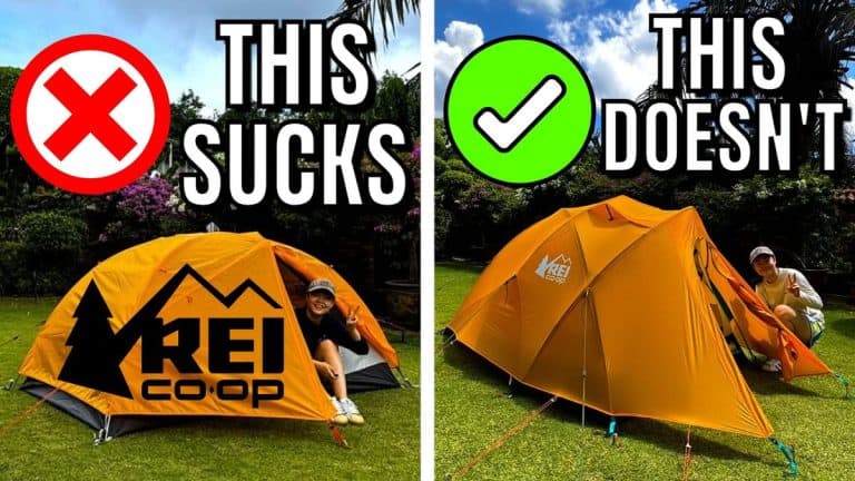 The author with two of her REI tents, one marked buy and one marked avoid.
